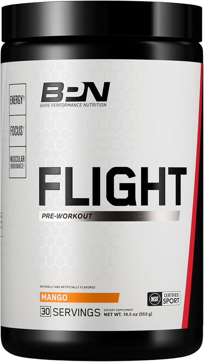 BARE PERFORMANCE NUTRITION BPN Flight Pre Workout Supports Energy and Mental Focus Improved Endurance &amp Muscle Pumps with CarnoSyn® Beta Alanine Mango 30 Servings