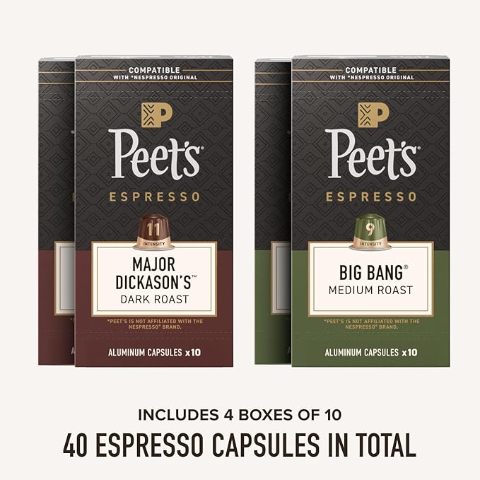 Peet's Coffee Dark and Medium Roast Signature Blend Espresso Capsules Compatible with Nespresso Original Machines 100% Arabica Coffee - Variety Pack 40 Count (4 Boxes of 10 Espresso Capsules)