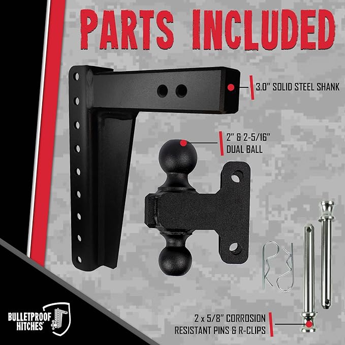 BulletProof Hitches - 3.0 Adjustable Heavy Duty Trailer Hitch (22000 lb. Rating) - 12 Drop/Rise Trailer Hitch with 2 &amp 2-5/16 Dual Ball - Powder Coat Solid Steel Corrosion-Resistant