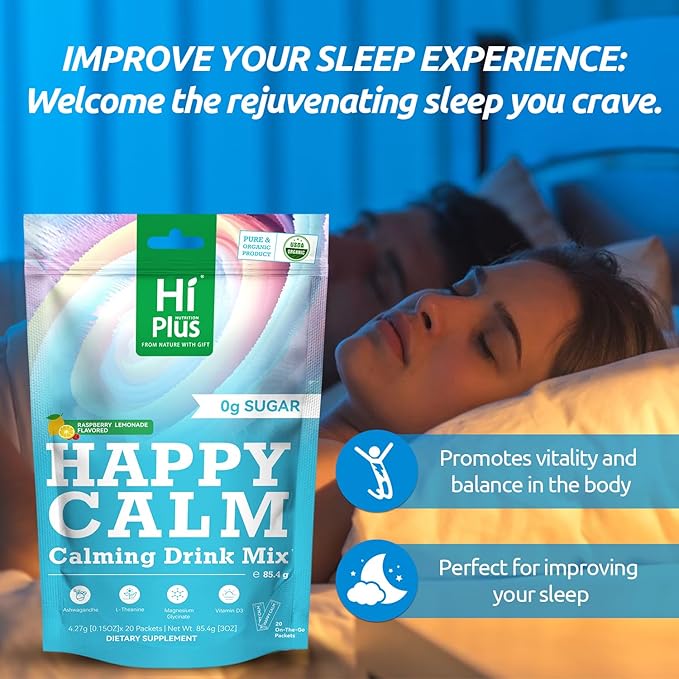 Happycalm-Calming Drink Mix with KSM-66 Ashwagandha Vitamin D3 Magnesium &amp L-Theanine-Supports Cortisol Balance Mood&ampSleeplmproved Sleep QualityMinor tensionreliefWithout Drowsiness