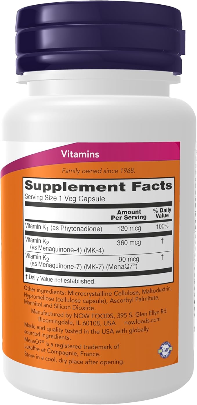 NOW Foods Supplements MK-7 Plus with K1 &amp MK-4 Supports Bone Health* 90 Veg Capsules