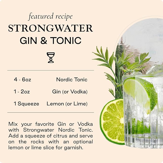 Strongwater Sparkling Nordic Tonic Water - 12 Pack Cans (8.4 Fl Oz Each) - Premium Mixer Made with Quinine Rocky Mountain Water &amp Botanicals - Real Cane Sugar No Artificial Flavors