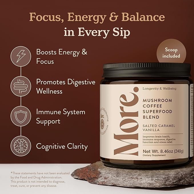 More. Longevity &amp Wellbeing Premium Mushroom Coffee Superfood – 7 Functional Mushrooms Extracts with Lions Mane Supplement Reishi Chaga &amp Ashwagandha Extract Instant Coffee Alternative with