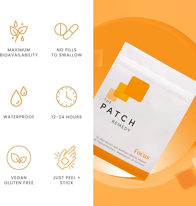 The Patch Remedy Focus Patch | Ginkgo Biloba Acetyl-L-Carnitine Bacopa Magnesium L-Threonate Green Tea | 30 Patches