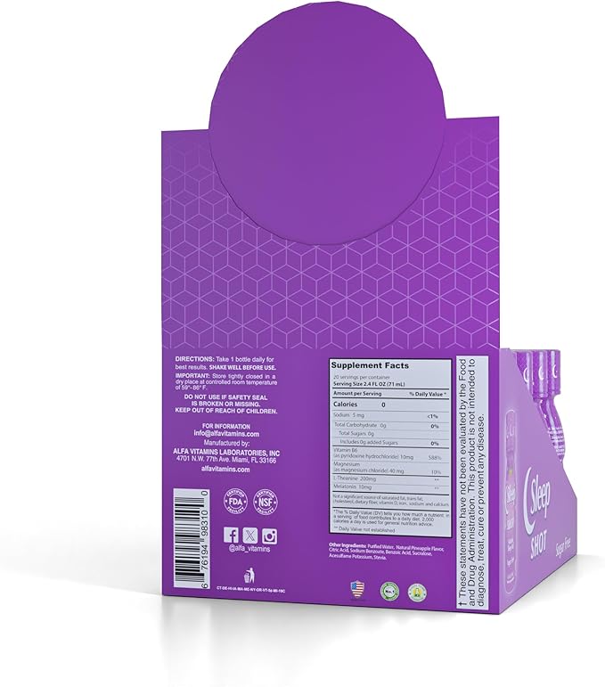 Sleep Shot by Alfa Vitamins - Contains 10 MG of Melatonin Vitamin B6 L-Theanine for Healthy Sleep &amp Night time Routine- 2.5oz Shot Bottle - 20 Pack