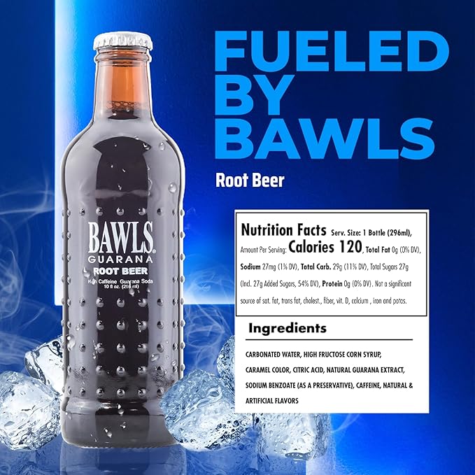BAWLS Guarana Root Beer BAWLS Guarana Drink Guarana Soda Guarana Fueled Soda for Energy High Energy Caffeinated Drink 10oz 24 Pack Glass Bottles