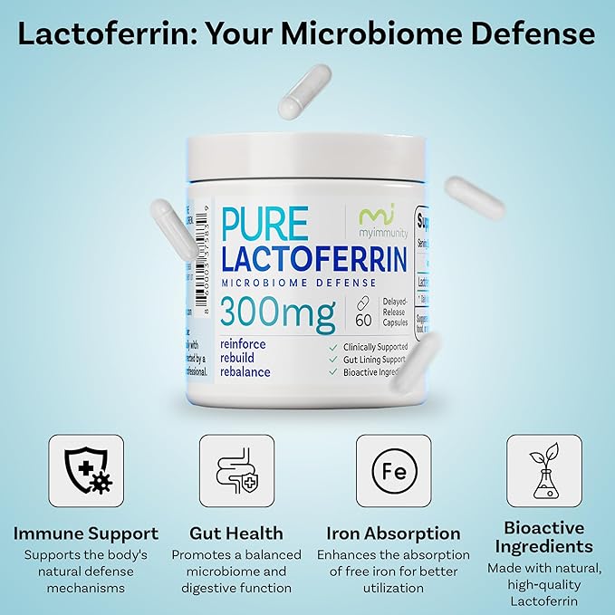 Pure Lactoferrin Microbiome Defense - 300mg Delayed Release Capsules Non-GMO Iron Absorption &amp Immune System Support Lactoferrin Supplements for Adults Gluten-Free (60 Capsules)