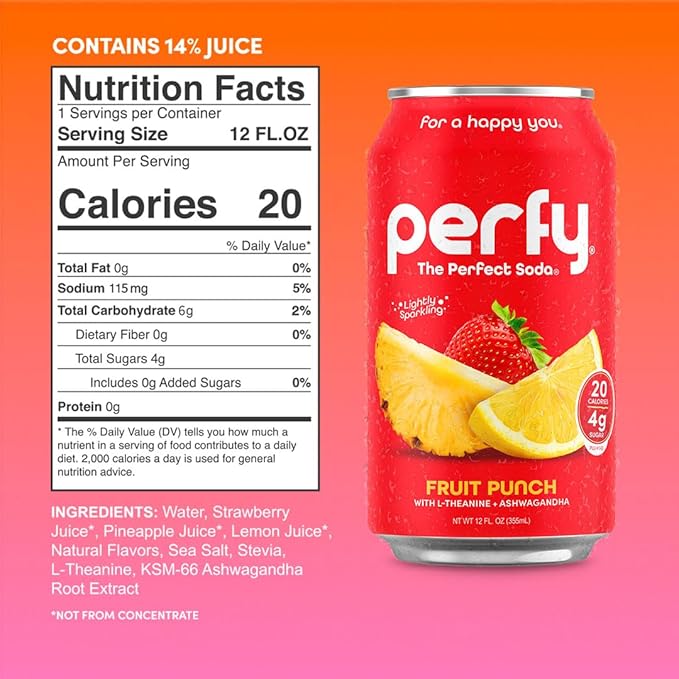 PERFY Caffeine Free Fruit Punch Soda | Made With Real Fruit Juice – Low Sugar Nootropic Drink with L-Theanine + Ashwagandha | Calming Adaptogen Mocktail | Keto + GLP-1 Friendly | Sweetened with Stevia