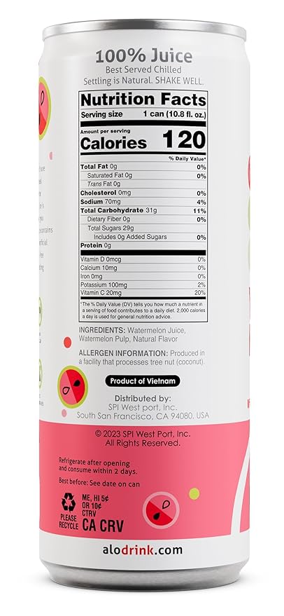 ALO Slim Can Juice Watermelon with Real Fruit Pulp| 10.82 fl oz Pack of 12 | Plant-Based Beverage 100% Natural Juice