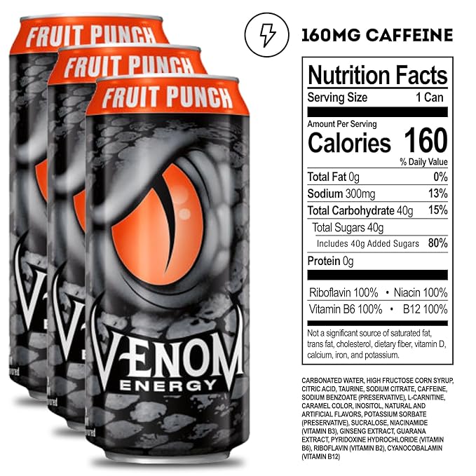 Venom Energy Drink Fruit Punch 0 Fat 160mg Caffeine 16 Fl Oz (Pack of 12) By LastFuel.