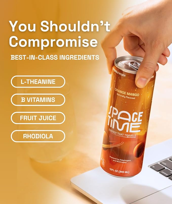 SpaceTime Productivity &amp Focus Energy Drink – Real Juice Infused Nootropic Drink with 50mg Organic Caffeine L-Theanine Rhodiola &amp B Vitamins – Clean Low-Caffeine Brain Boost – Orange Mango