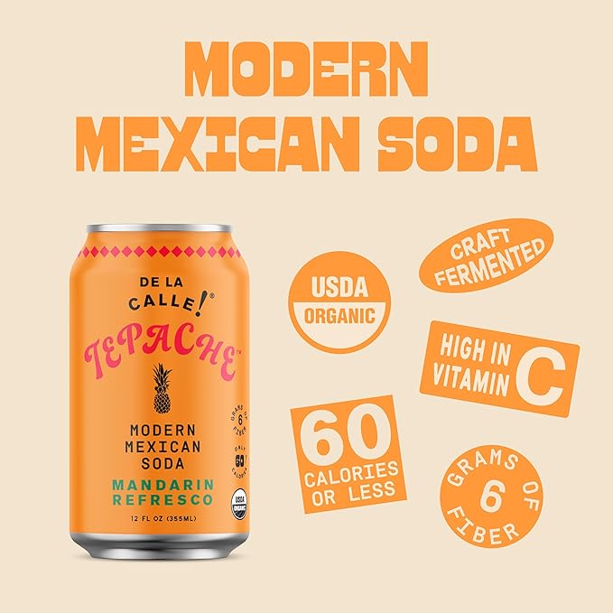 De La Calle Tepache - Mandarin - Modern Mexican Soda - Craft Fermented Pineapple Sparkling Beverage - Certified Organic Antioxidant Rich Non-Alcoholic Healthy Soda Low Sugar Low Calorie Non-GMO