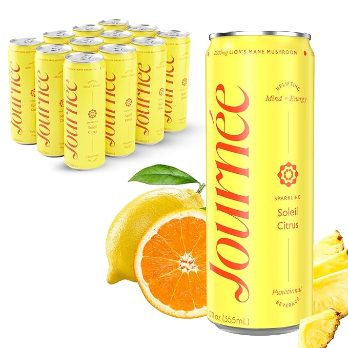Journée Wellness Energy Drink Natural Caffeine Lion’s Mane L-Theanine 125 mg Caffeine Real Fruit All Natural 0 Added Sugar Cognition Immunity - Soleil Citrus - Tropical Citrus – 12 Pack