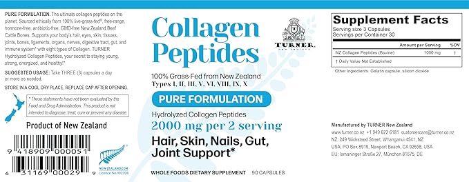 TURNER Collagen Peptides Capsules Pure Formulation 100% Grass-Fed Beef Bone Collagen from New Zealand 90 Capsules