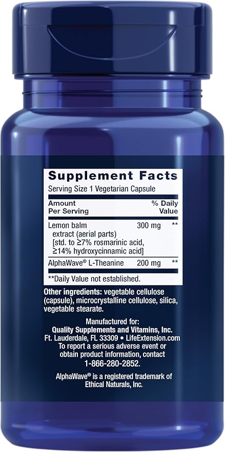 Life Extension Enhanced Stress Relief Lemon Balm Extract L-theanine decompress with This Supplement for Stress Gluten-Free Non-GMO Vegetarian 30 Capsules