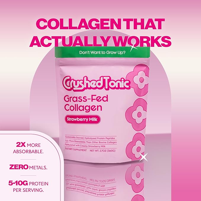 Crushed Tonic Korean Beauty Collagen Powder | Hydrolyzed Bovine Collagen Peptides for Skin Glow Hair &amp Nails | K-Beauty Drink | Gluten-Free Halal &amp Kosher (Strawberry 30 Servings (150 g) P