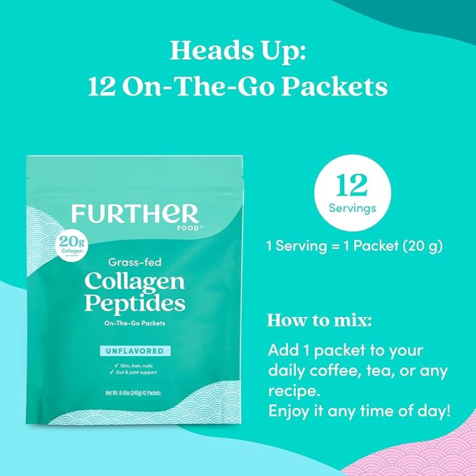 Further Food Unflavored Collagen Peptides Powder - 100% Grass-Fed Hydrolyzed Type 1 &amp 3 20g of Collagen per Serving Supports Skin Hair Nails &amp Joints Stick Packs 8.47 Oz