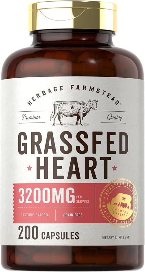 Carlyle Grass Fed Beef Heart Supplement | 3200mg | 200 Count | Desiccated Pasture Raised Bovine Capsules | Non-GMO Gluten Free | by Herbage Farmstead