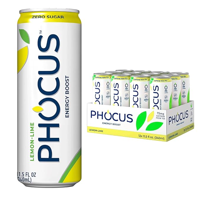 Phocus Energy Boost Blood Orange &amp Lemon Lime Bundle | 11.5 Fl oz (Pack of 24) | No Sugar | 75mg Caffeine + L-Theanine | 0 Calories