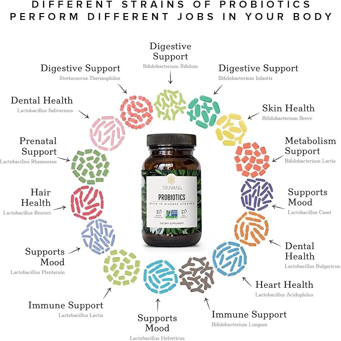 Truvani Probiotic Supplement | 30 Servings | 15 Billion CFU | 15 Diverse Strains for Digestive Immune &amp Brain Health Support | Shelf-Stable Vegan Capsules | Non-GMO No Fillers