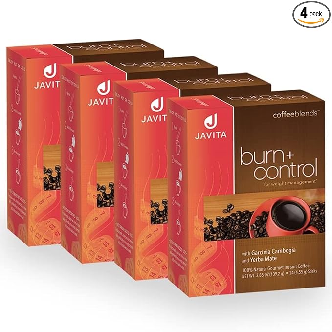 Burn + Control Instant Coffee – Smooth Arabica Blend with Garcinia &amp Yerba Mate – Supports Metabolism &amp Daily Energy – Convenient Slim-Style Coffee Mix (4 box/96 serv.)