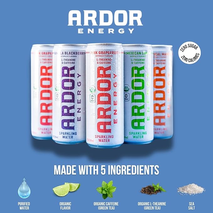 ARDOR ENERGY Sparkling Water with 100mg Natural Caffeine &amp 200mg L-Theanine from Organic Green Tea for Smooth Energy &amp Focus | Healthy Energy Drink | No Sugar Zero Calories Vegan Gluten-Fre