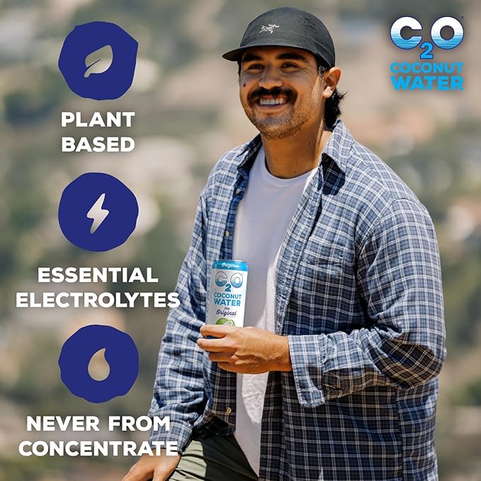 C2O - Coconut Water The Original Flavor (15 Pack) - Made with Fresh Coconut Water - Plant Based - Non GMO - Canned Water - Natural Hydration Electrolytes &amp Potassium - 15 Cans 10.5 FL OZ