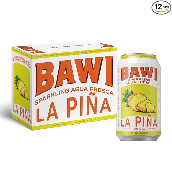 Bawi La Pina Sparkling Agua Fresca 12 Pack - Pineapple Flavored Water Plant-Based Low Calorie Less Sugar Culturally-Rooted Mexican Drink Made in USA Better-For-You Soda Authentic Mexican Drin
