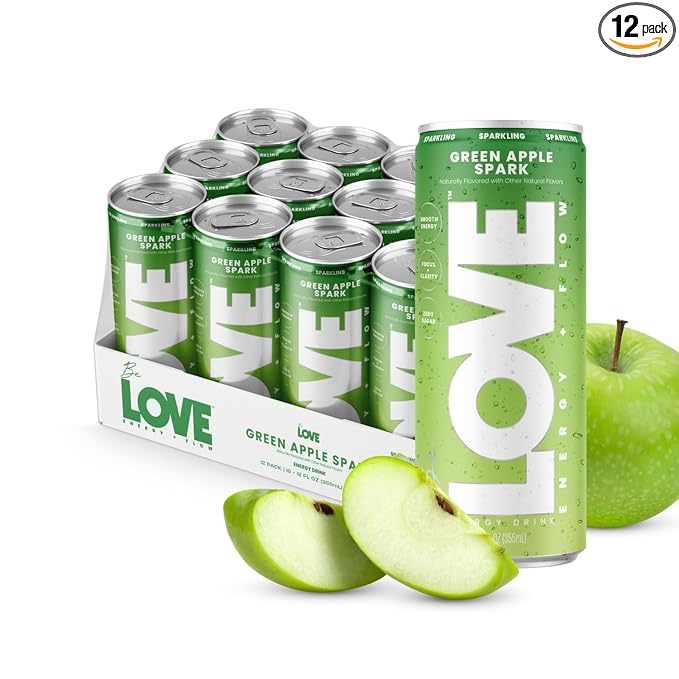 Be LOVE Energy + Flow – 80mg Natural Caffeine L-Theanine &amp Alpha-GPC for Clean Calm Focus – Zero Sugar Low Calorie 100% DV B-Vitamins – Non-GMO Vegan – 12 fl oz (Pack of 12) (Green Apple Spark