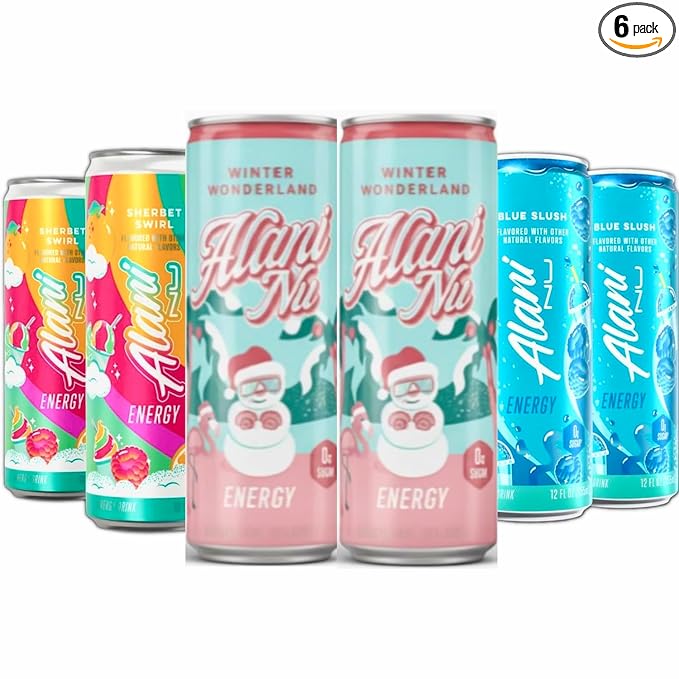 New Alani Energy Drinks Winter Wonderland Sherbet Swirl Blue Slush Variety Pack Sugar-Free Low-CalorieEnergy Boost Drink 12 fl oz (Pack of 6)