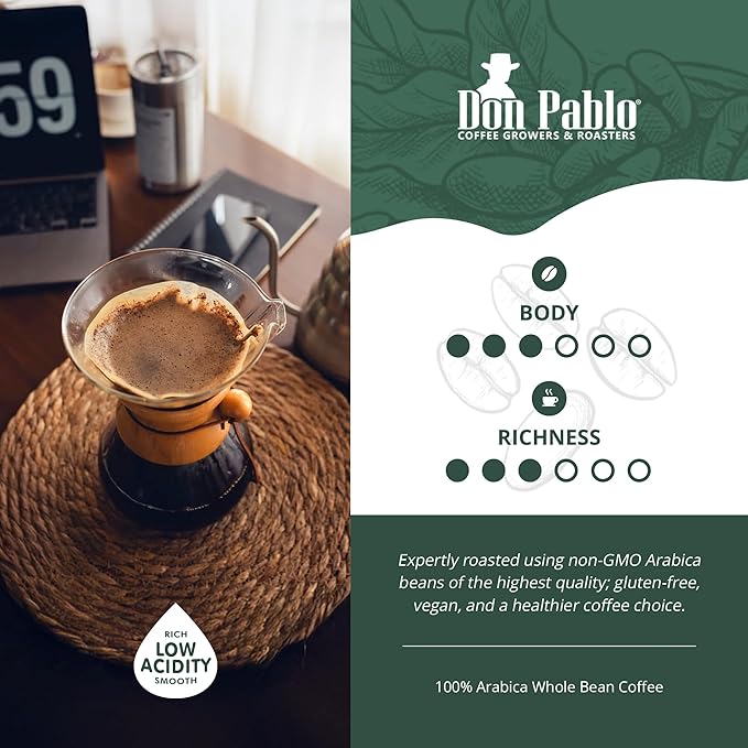 Don Pablo Colombian Decaf - Swiss Water Process Decaffeinated - Medium-Dark Roast Gourmet Coffee - 100% Arabica Whole Bean Non-GMO Low Acidity 907g (2LB) Bag