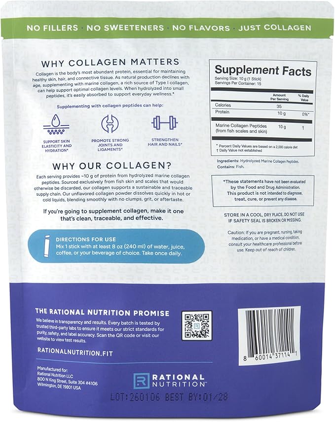 Hydrolyzed Marine Collagen Peptides - Made with Nippi Peptide® from Japan 10g Type I Collagen Per Serving Supports Skin Hair Joint and Bone Health Lab Tested - 15 Stick Packs