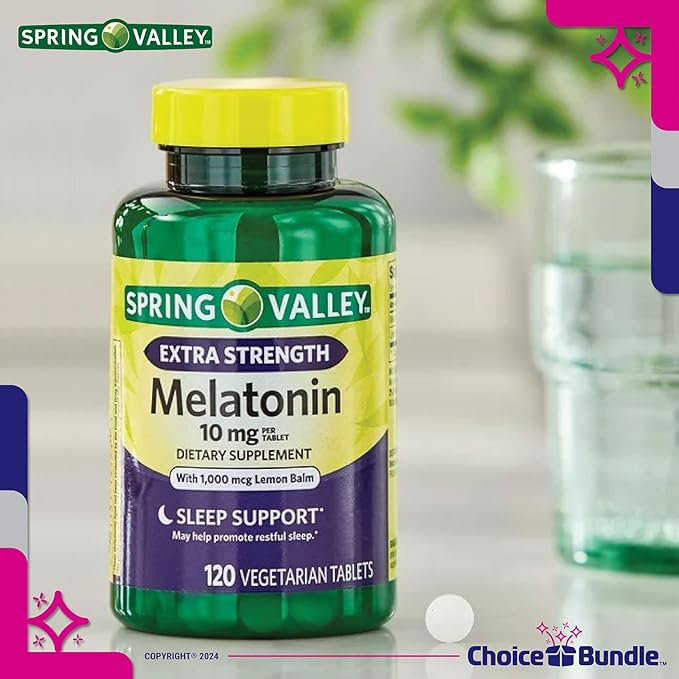 Spring Valley Extra Strength Melatonin Tablets with Lemon Balm Dietary Supplement for Support 10 mg 120 Ct 3 pk (360 Total) + Vitamin Vitality &amp Pill Container (5 Items)!