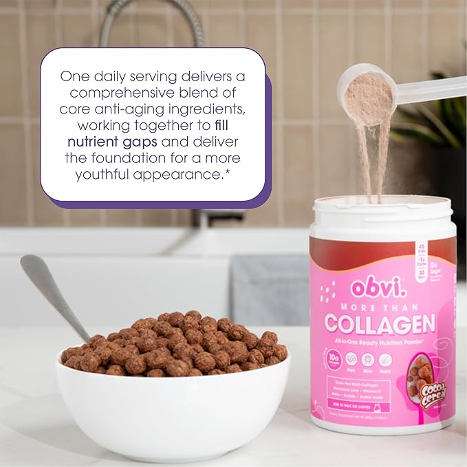 Obvi More Than Collagen Powder | Supports Healthy Hair Skin Nails Joints Gut | Grass-Fed Multi Collagen Supplement with Hyaluronic Acid Biotin Keratin | Cocoa Cereal 30 Servings