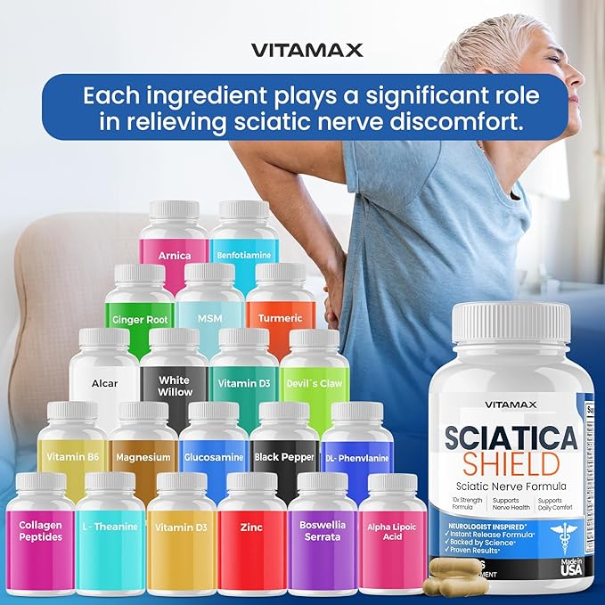 Sciatic Nerve Health Support Supplement – 10x Formula Alpha Lipoic Acid Folic Acid Turmeric Glucosamine MSM Vitamin B Complex - Made in USA – 60ct