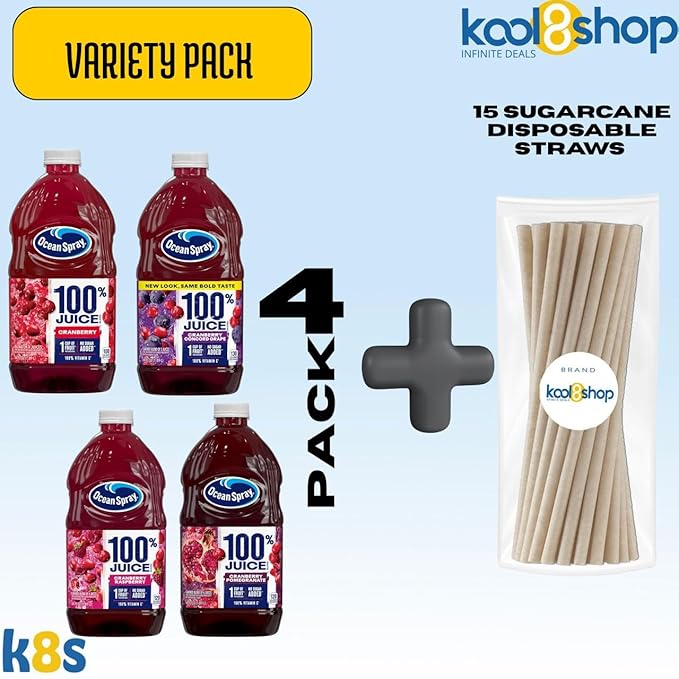 Ocean Spray 100% Variety Pack Fruit Juice No Added Sugar 64 fl oz 4 Pack + 15 Sugarcane Disposable Straws by KOOL8SHOP Infinite Deals