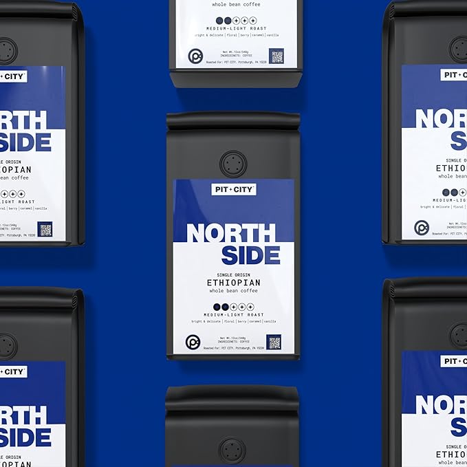 Pit City North Side Single Origin Ethiopian Medium-Light Roast Whole Bean Coffee 12oz Bag - Bright &amp Delicate Floral Berry Caramel and Vanilla - Premium Small Batch Roasted - Pittsburgh