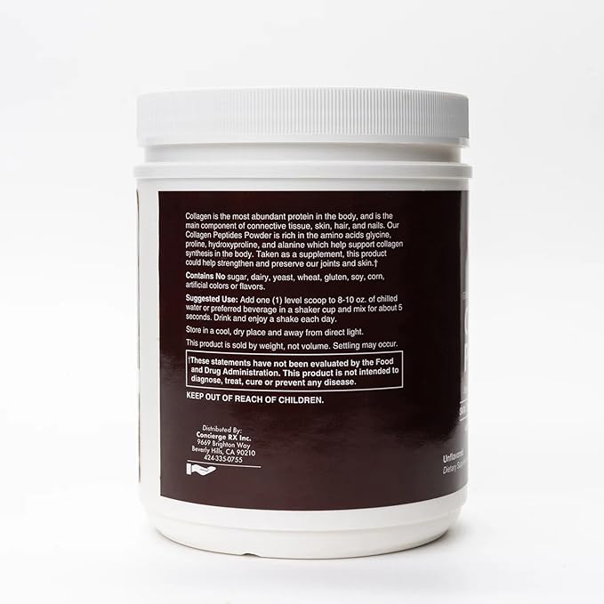 Beverly Hills Concierge Pharmacy Collagen Peptides Powder | Grass Fed &amp Pasture Raised Hydrolyzed Protein | Skin Hair Nail &amp Joint Support | Unflavored | 19.76oz