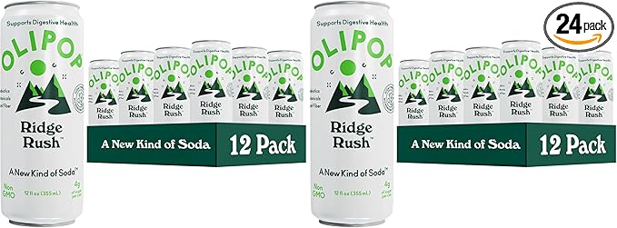 OLIPOP Sparkling Prebiotic SodaRidge RushPantry Pack Packed with PrebioticsFiberand BotanicalsGluten FreeVeganGMO Free12oz Skinny Can(Pack of 24)