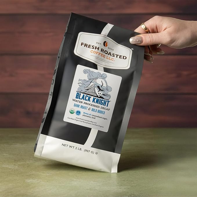 Fresh Roasted Coffee Organic Black Knight Water-Processed Decaf | USDA Organic Kosher | Dark Roast 2 lb (32 oz) Ground