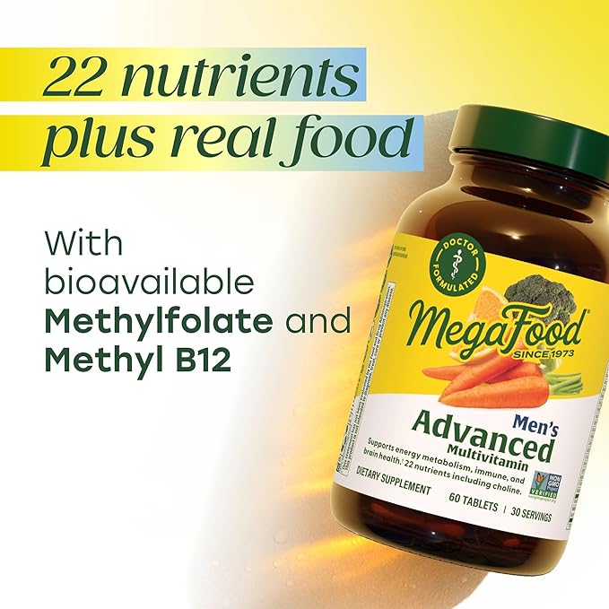 MegaFood Men's Advanced Multivitamin for Men - Doctor -Formulated - Choline Vitamin B12 Vitamin D Vitamin C &amp Zinc - Brain Health &amp Immune Support - Non-GMO - Vegetarian - 120 Tabs (60 Serv