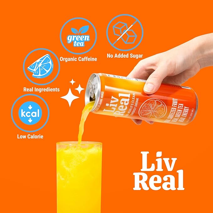 LivReal Clean Energy Drink – Organic Green Tea Caffeine 125mg + L-Theanine 100mg – Real Fruit No Sweeteners or Flavorings – Vitamin C &amp B Complex – Sparkling Orange Mango Water – 12 Pack 12 fl o