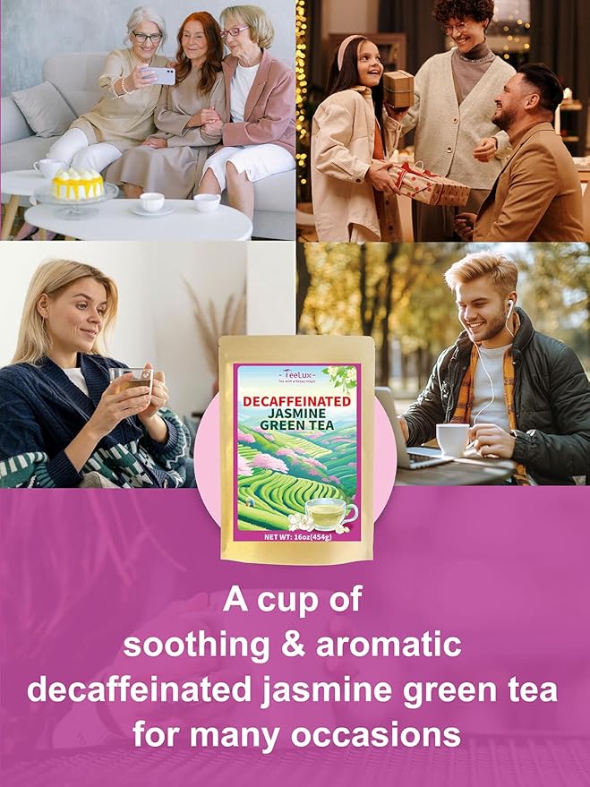 TeeLux Decaf Jasmine Green Tea Decaffeinated Jasmine Scented Green Tea Loose leaf Pleasant Aroma &amp Smooth Taste 16oz