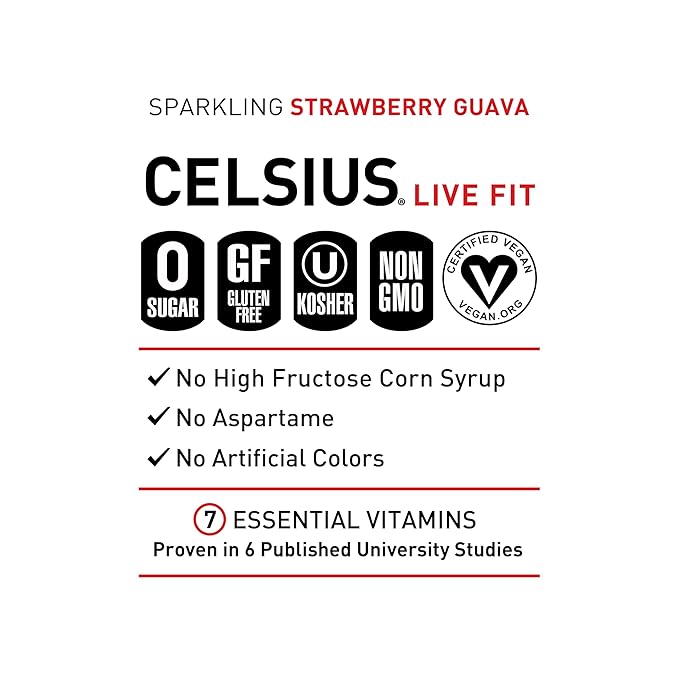 CELSIUS Sparkling Strawberry Guava Functional Essential Energy Drink 12 Fl Oz (Pack of 12)