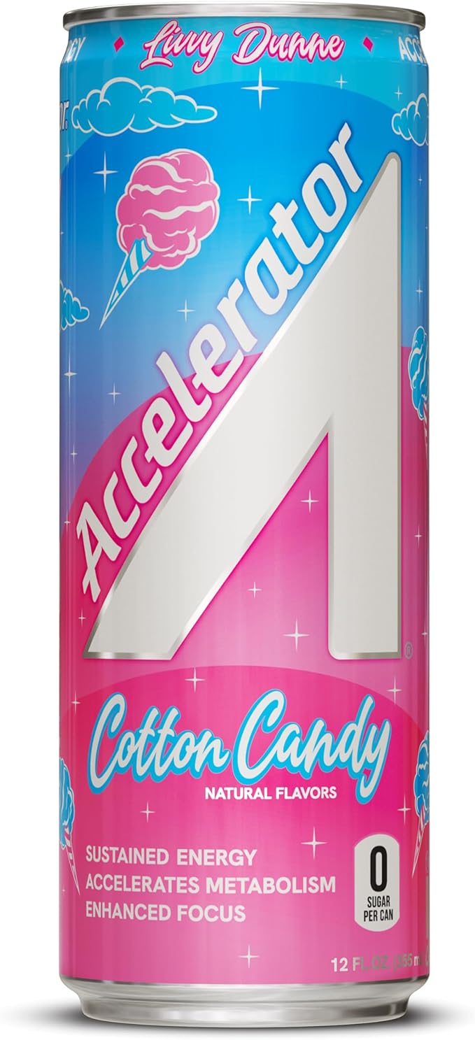 Accelerator Energy Drink Cotton Candy 12oz can Zero Sugar Sustained Energy from 100% Natural Caffeine (200mg from Green Coffee Bean &amp Green Tea extract) (Pack of 24)