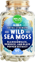 MAJU 4-in-1 Organic Sea Moss Capsules Wild Chondrus Crispus Seamoss w/Bladderwrack + Burdock Root Stronger Than Gel Irish Sebi Inspired Raw Powder in Pills 500 mg Capsule (60 ct)