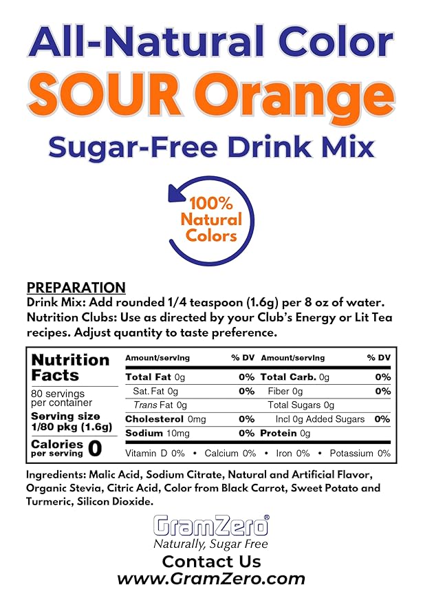 GramZero Sour Orange Zero Calorie Sugar Free Drink Mix Great For Nutrition Club Loaded Tea Stevia Sweetened