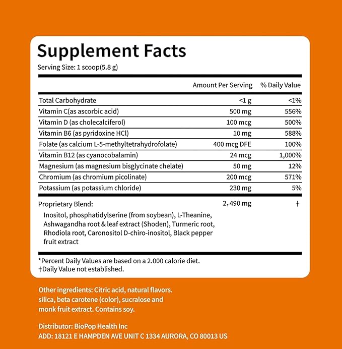 Cortisol Drink Powder | Cortisol Supplements for Women | Ashwagandha L-Theanine Turmeric Root Black Pepper Extract for Relax &amp Focus Healthy Cortisol Levels Mental Clarity Vegan 6.3oz
