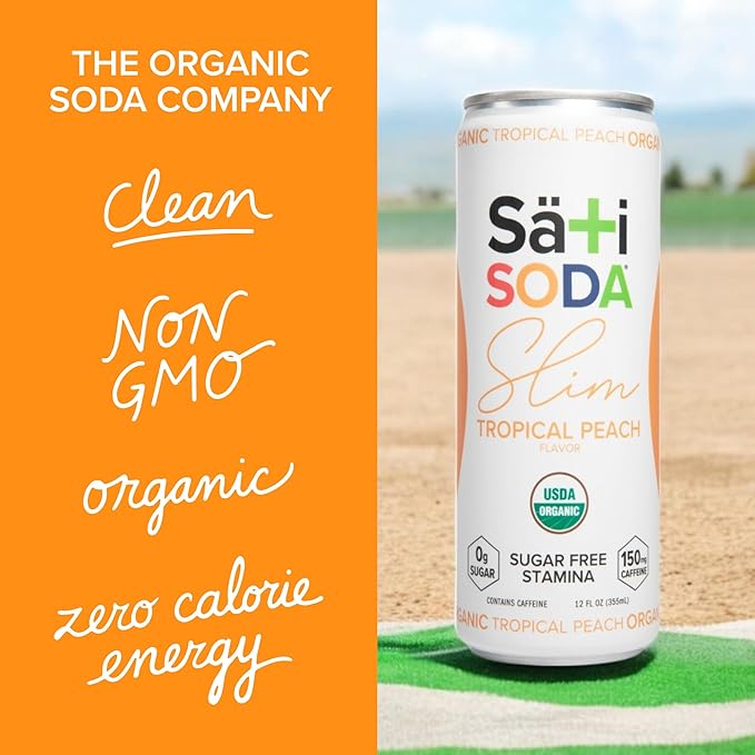 Sati Soda Organic Slim Tropical Peach - Adaptogenic Beverage with Lions Mane Green Coffee Bean &amp Acerola Vitamin C | Zero Calories Zero Sugar (12 Pack of 12 Ounce Cans Tropical Peach)