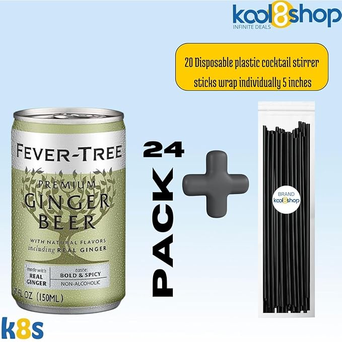 Fever-Tree Ginger Beer Premium Mixer 5.07 fl oz Aluminum Cans 24 Pack + 20 Plastic Stirrer Sticks by KOOL8SHOP Infinite Deals